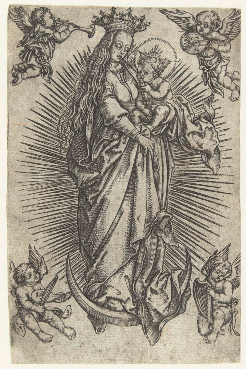 Grabado de la Madonna sosteniendo al niño bajo la luna por Unknown Artist