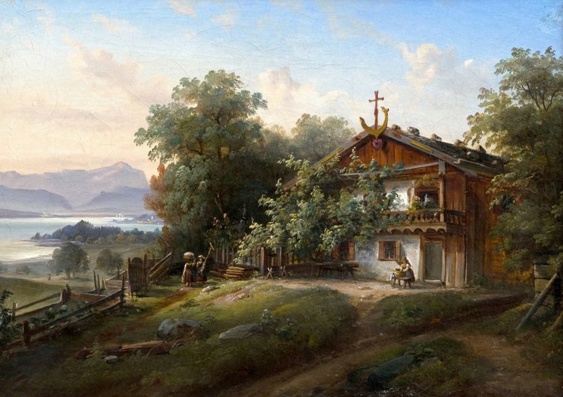 Paisaje con un granero junto a un lago, pintura al óleo de Noël de Freville