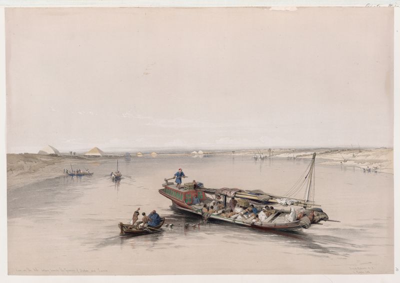 Landscape of the Nile with pyramids at dawn, oil painting by David Roberts