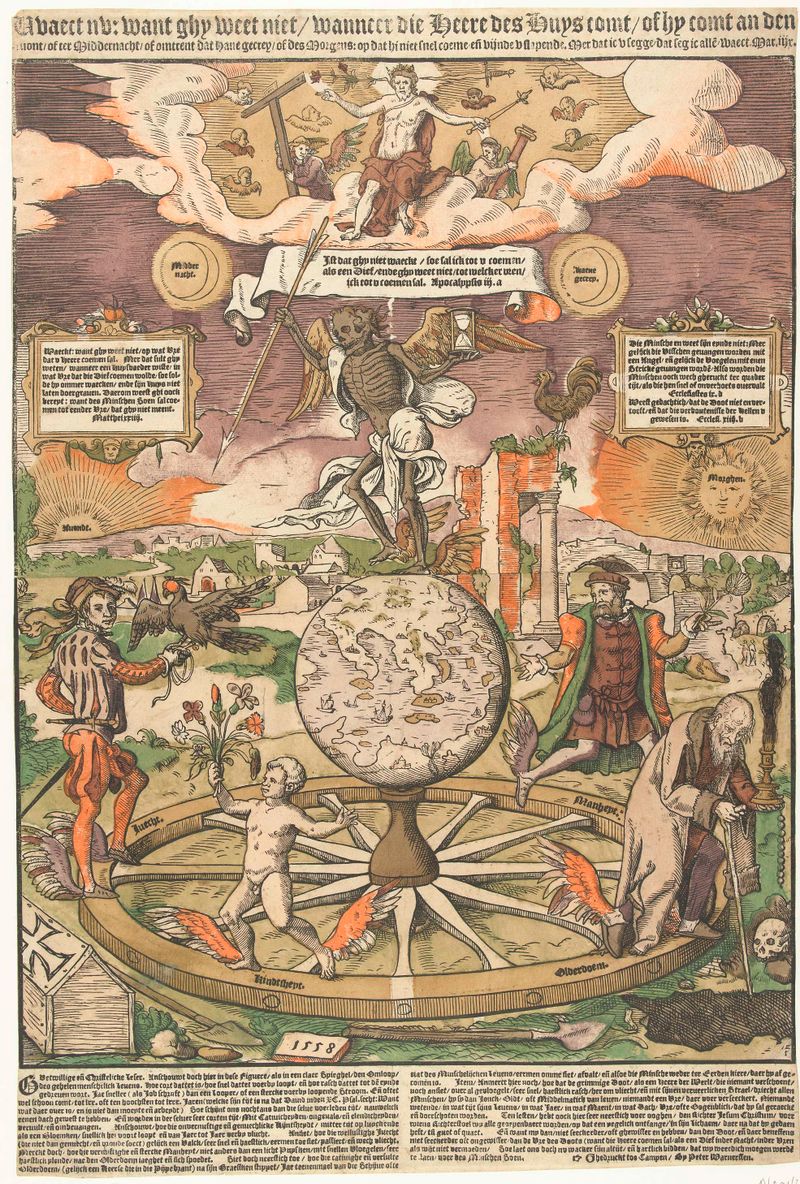 Engraving Het levensrad by Monogrammist AI, depicting a central wheel and intricate patterns.