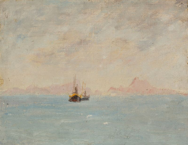 Pintura al óleo de Jan Ciągliński que muestra un barco en silueta al atardecer
