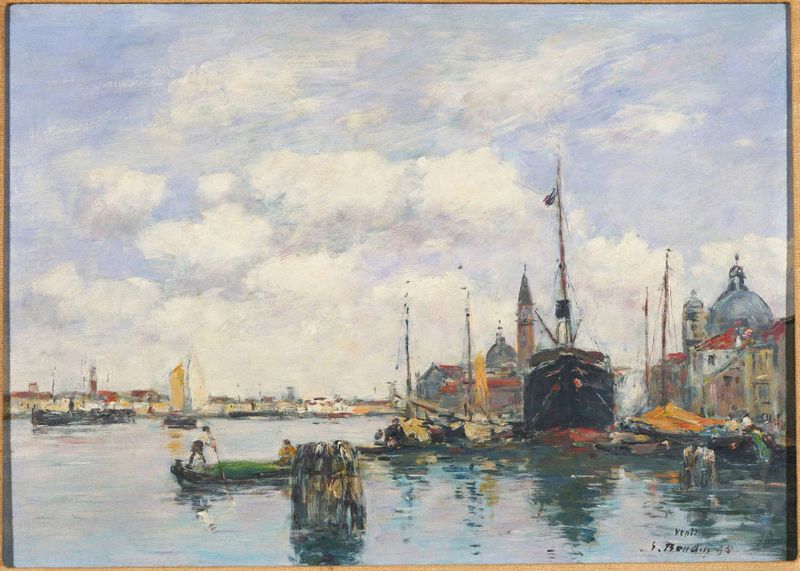 Venice–Seascape at the Giudecca de Eugène Boudin, pintura a óleo que retrata um pôr do sol sobre a água.