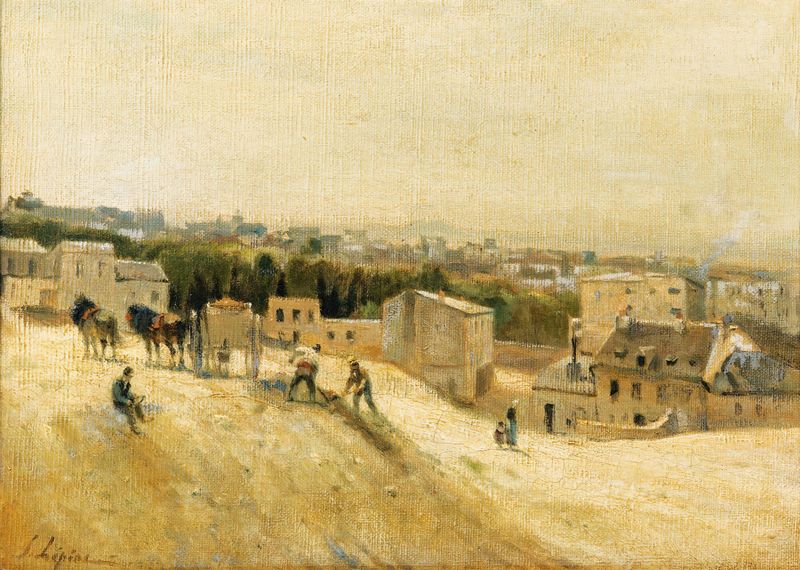 Les Terrassiers, Ancien Abreuvoir De Montmartre, oil on canvas by Stanislas Lépine showing sunlight through trees.