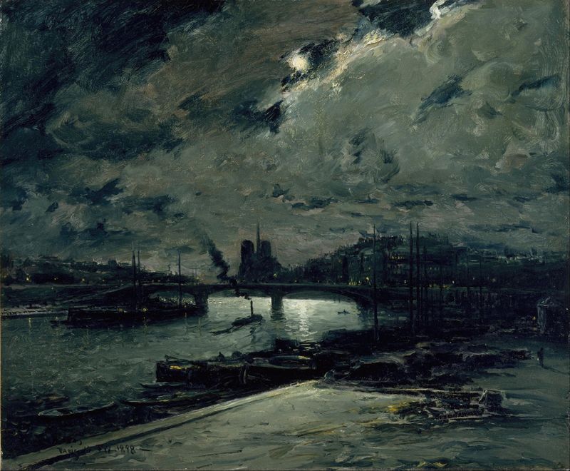 Oil painting by Frank Myers Boggs depicting moonlight over the Seine in Paris.