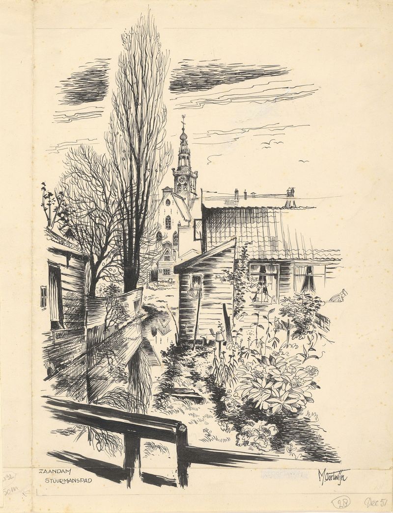 Pintura a óleo de paisagem de Maarten Oortwijn mostrando uma margem de rio e Bonkerk em Zaandam