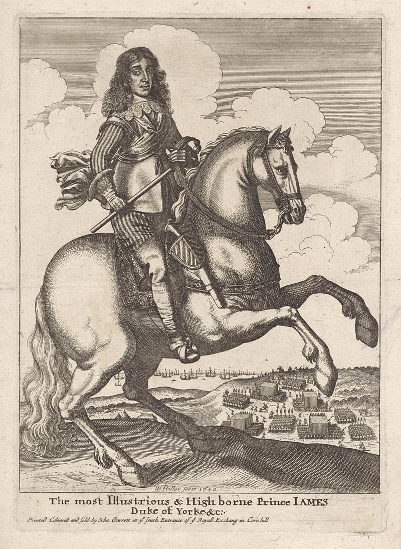 Grabado del Rey Jacobo II a caballo por Wenceslaus Hollar