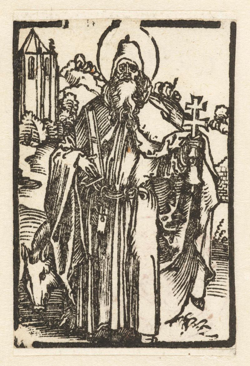 Heilige Antonius de Albrecht Dürer, obra em papel que retrata um santo com olhar sereno e manto intrincado.