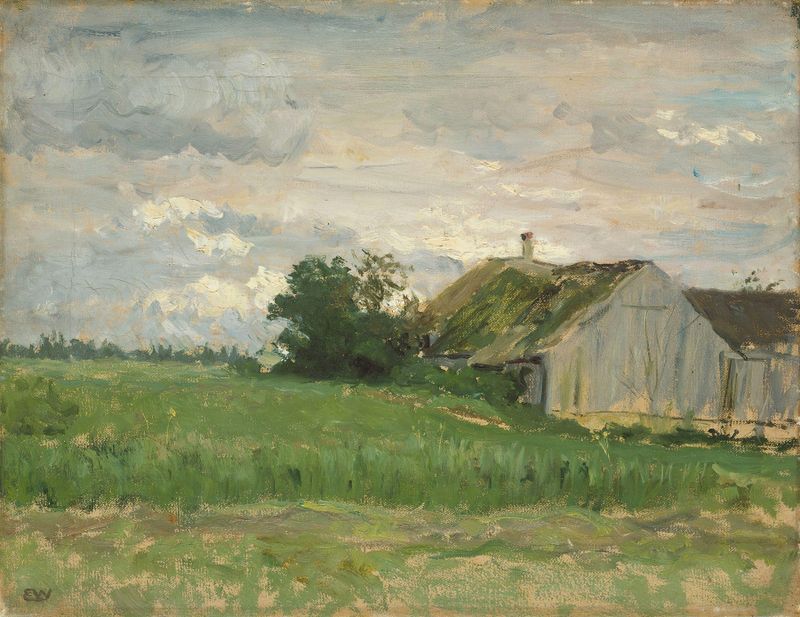 Landscape Study by Erik Werenskiold, oil painting depicting a tranquil landscape with clouds.