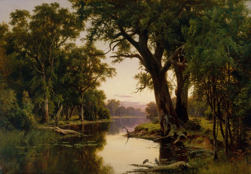 A billabong of the Goulburn, Victoria by Henry James Johnstone, oil on canvas depicting tranquil water and trees.