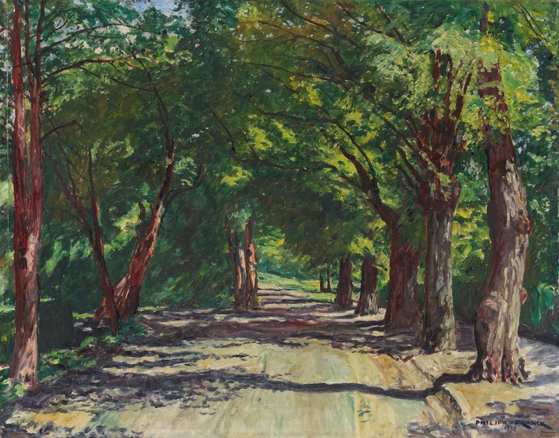 Lindenallee by Philipp Franck, oil on canvas depicting a lush landscape with linden trees and dappled sunlight.