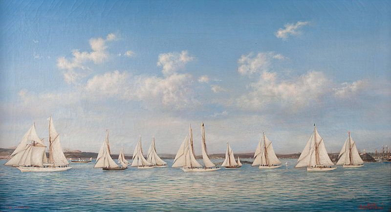 Marine scene with sailboats on water, oil painting by Ludwig Rubelli von Sturmfest
