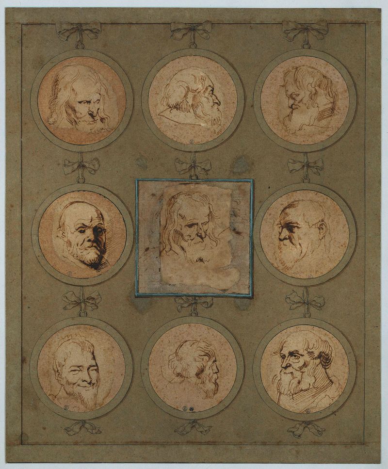 Etching by Anthony van Dyck featuring nine study heads in medallions