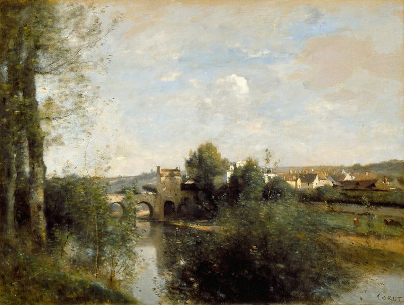 Seine and Old Bridge at Limay, óleo sobre tela de Jean-Baptiste-Camille Corot, retratando uma paisagem serena do rio.