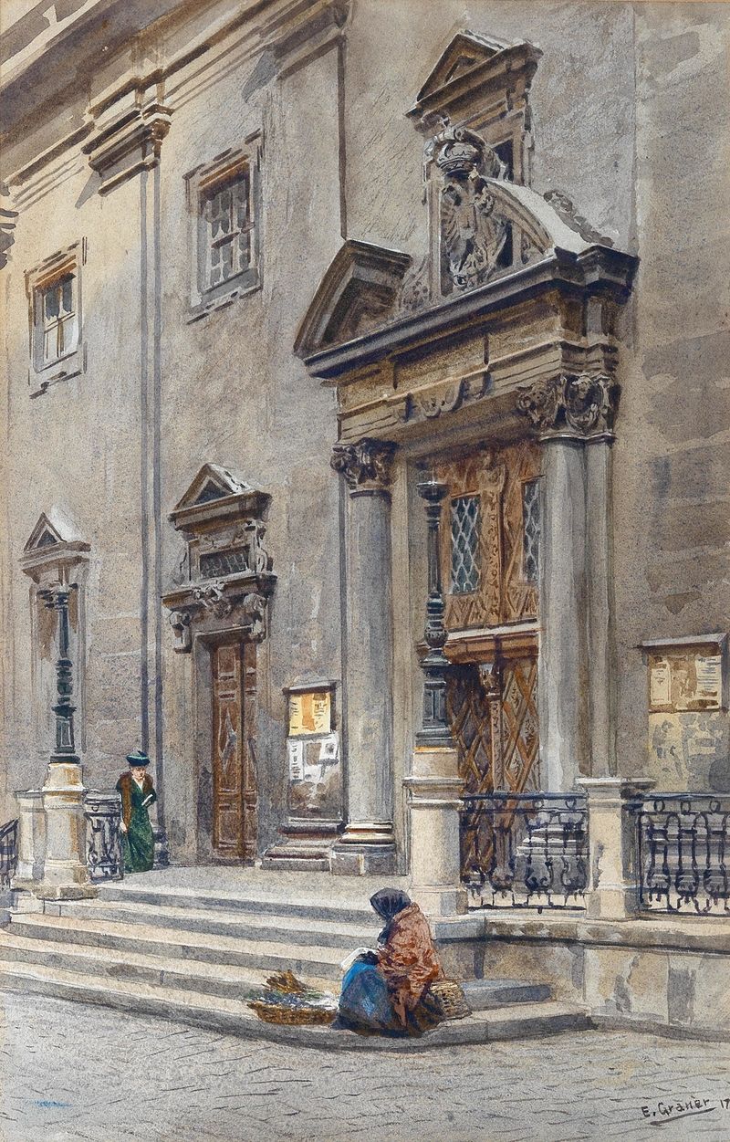 Óleo sobre lienzo de Ernst Graner que muestra figuras frente a la iglesia jesuita en Viena