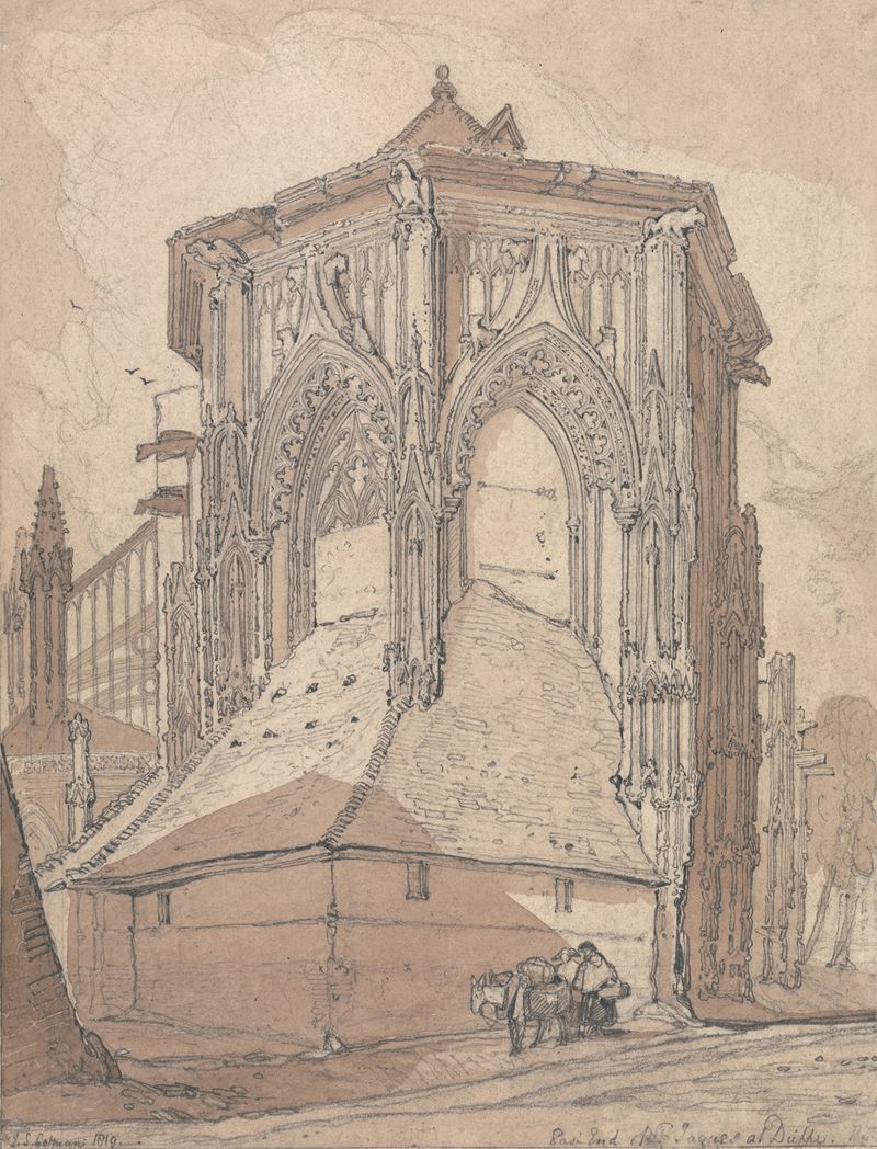Aquarela de John Sell Cotman retratando uma igreja e céu na Normandia