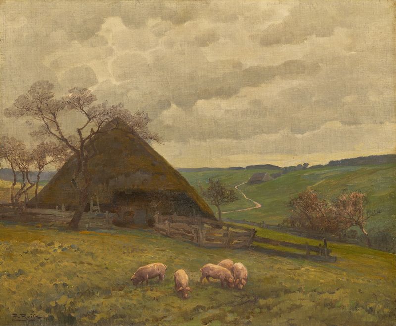 Pintura a óleo de paisagem de Fritz Reiss mostrando um denso matagal com verdes e marrons vibrantes.