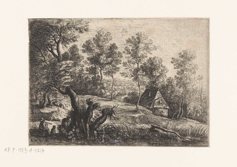 Gravura de Lucas van Uden mostrando uma paisagem com uma casa e um poço