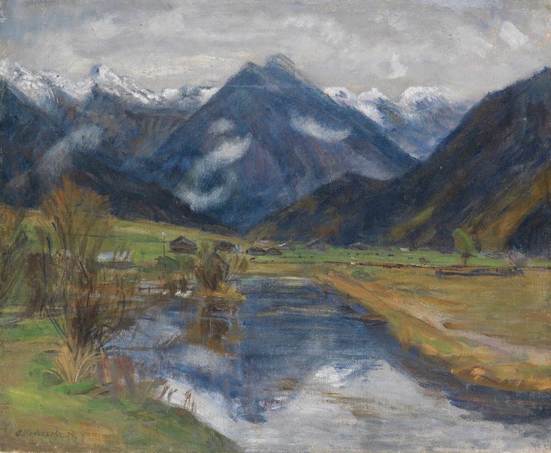 Hinterstein vom Wasser de Otto Modersohn, pintura al óleo que muestra un paisaje de río sereno.
