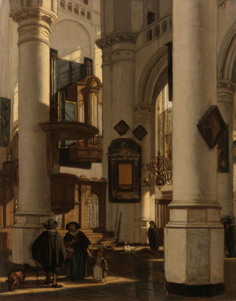 Interior of a Gothic church with a gravedigger, oil painting by Emanuel de Witte