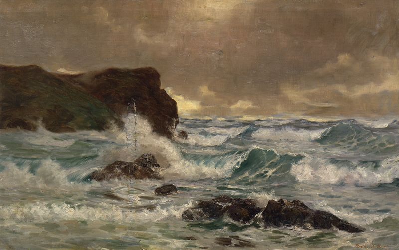 Cena marinha com ondas quebrando sob um céu pesado, pintura a óleo de George Edmund Butler