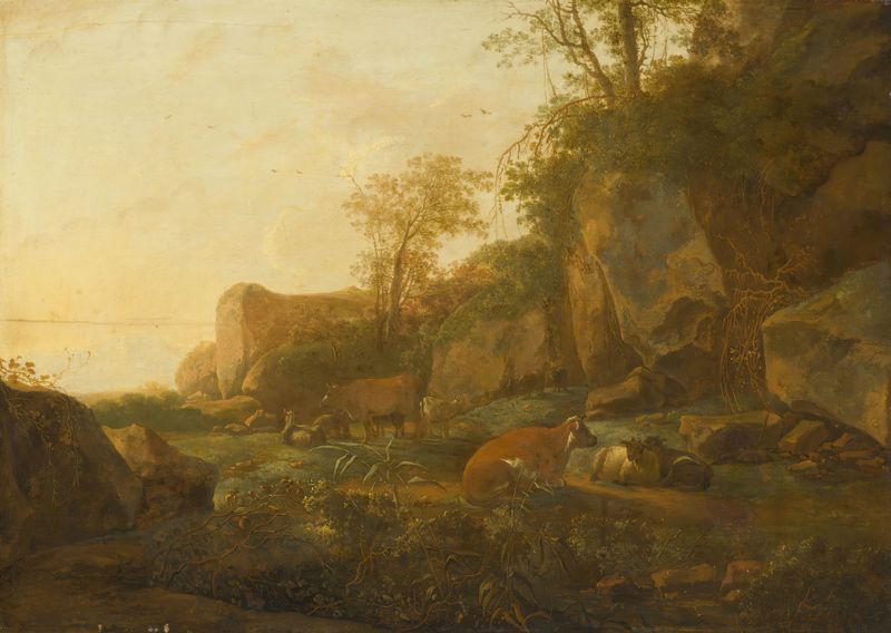 Un paisaje montañoso con ganado, óleo sobre lienzo de Adam Pynacker
