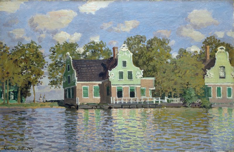 Casas à Beira do Rio Zaan de Claude Monet, pintura a óleo que retrata uma paisagem fluvial tranquila.