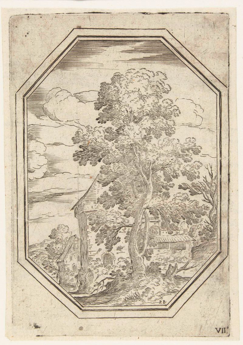 Landschap met grote boom in octagonaal kader, grabado de Paul Bril, con un gran árbol y follaje vibrante.