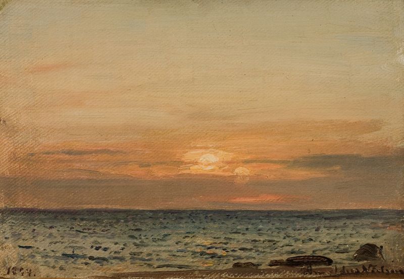 Aftenstemning de Amaldus Nielsen, óleo sobre tela que retrata uma paisagem ao entardecer com reflexos na água.