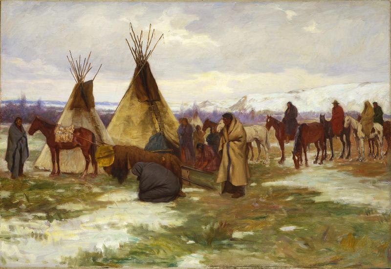 Burial Cortege of a Crow Chief, oil on canvas by Joseph Henry Sharp, depicting a solemn procession in a vibrant landscape.