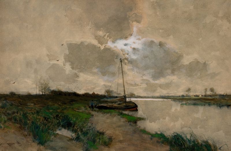 On the Scheldt, Holland by Henry Ward Ranger, oil painting depicting a figure at twilight by the river