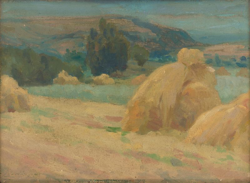 Landscape oil painting by Ľudovít Čordák depicting sunlight filtering through a leafy canopy