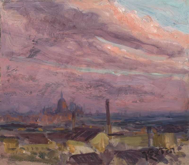Twilight sky over Munich, oil on canvas by Julius Exter