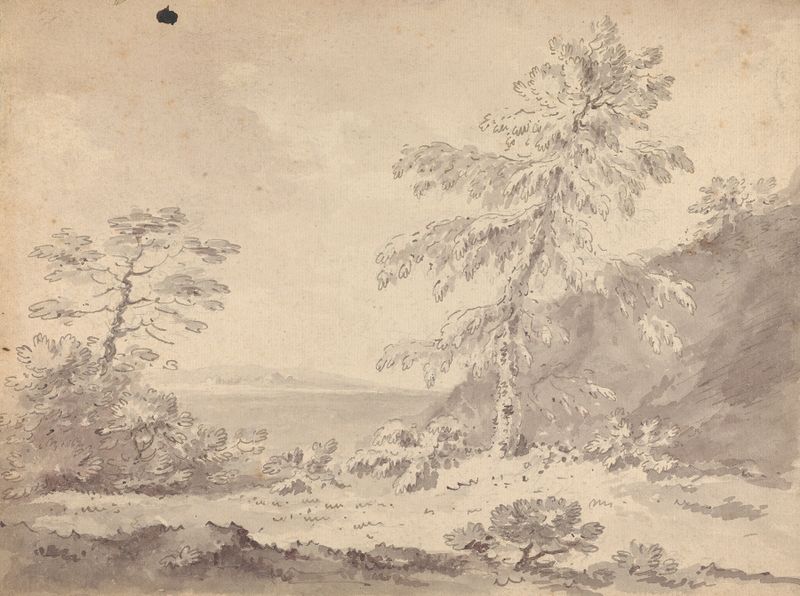 Dois Árvores em uma Paisagem, óleo sobre tela de William Gilpin, apresentando duas árvores em um ambiente natural sereno.