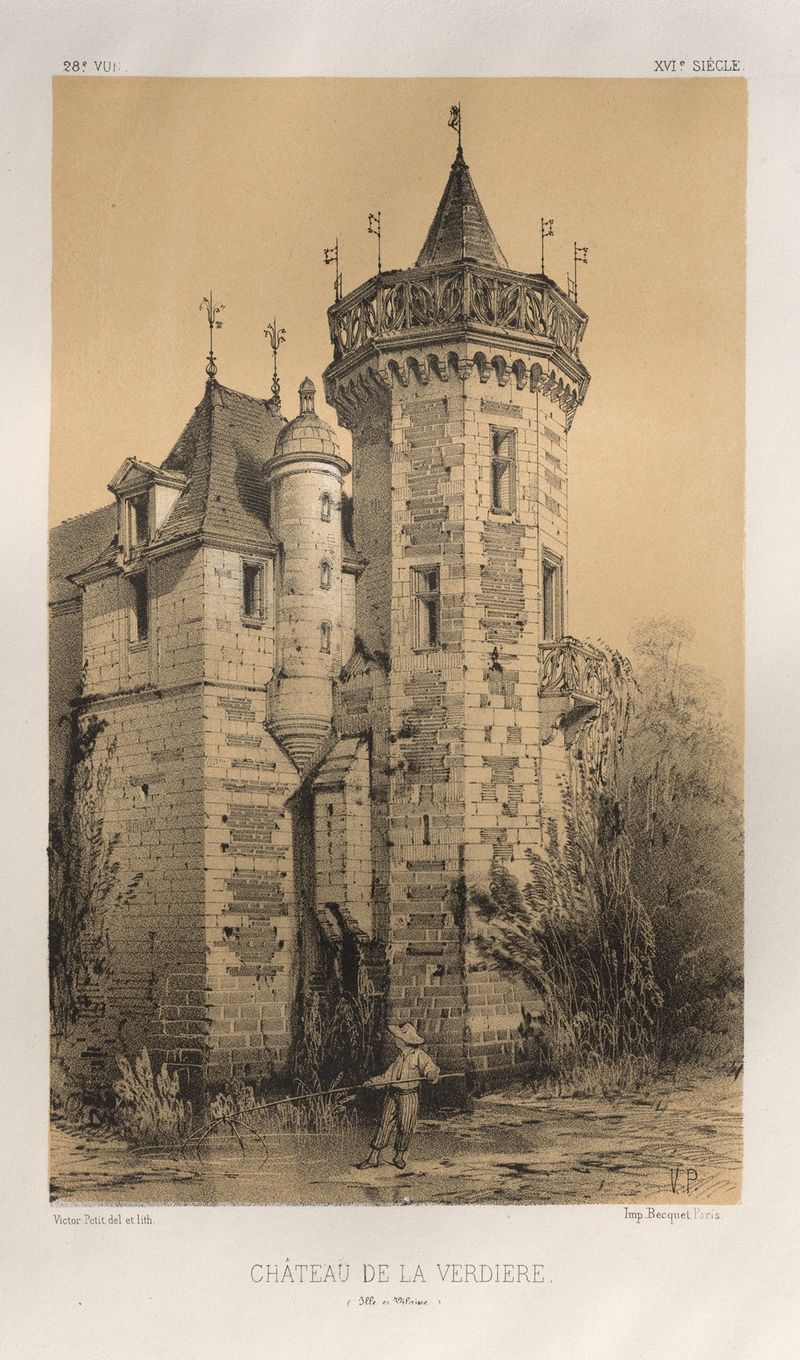 Chateau De La Verdiere de Victor Petit, óleo sobre lienzo que representa un paisaje sereno.
