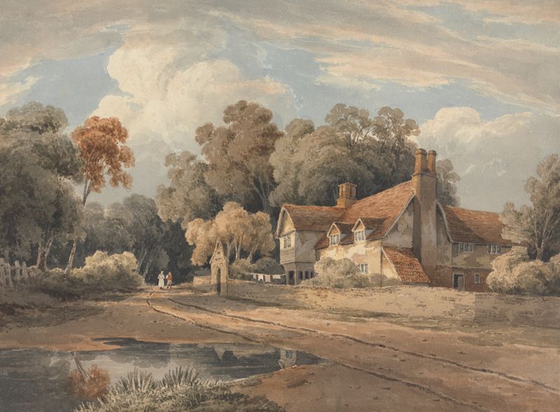 Landscape of lush green fields in oil on canvas by Ramsay Richard Reinagle
