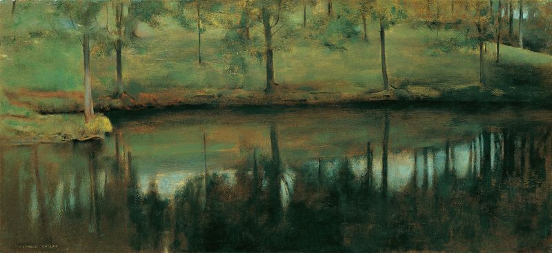 Pond landscape with trees reflecting on water, oil painting by Fernand Khnopff, 1894