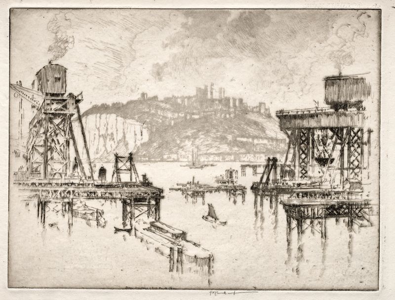 Building Dover Pier litografia de Joseph Pennell mostrando trabalhadores sob céus tempestuosos