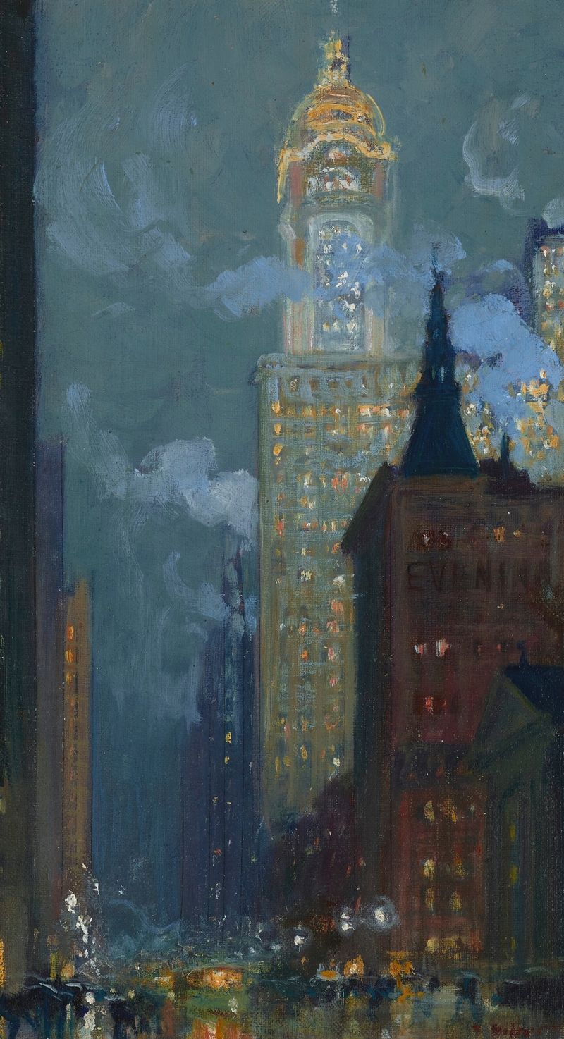Singer Building at Night, oil on canvas by Charles Vezin, depicting a night scene with golden light.