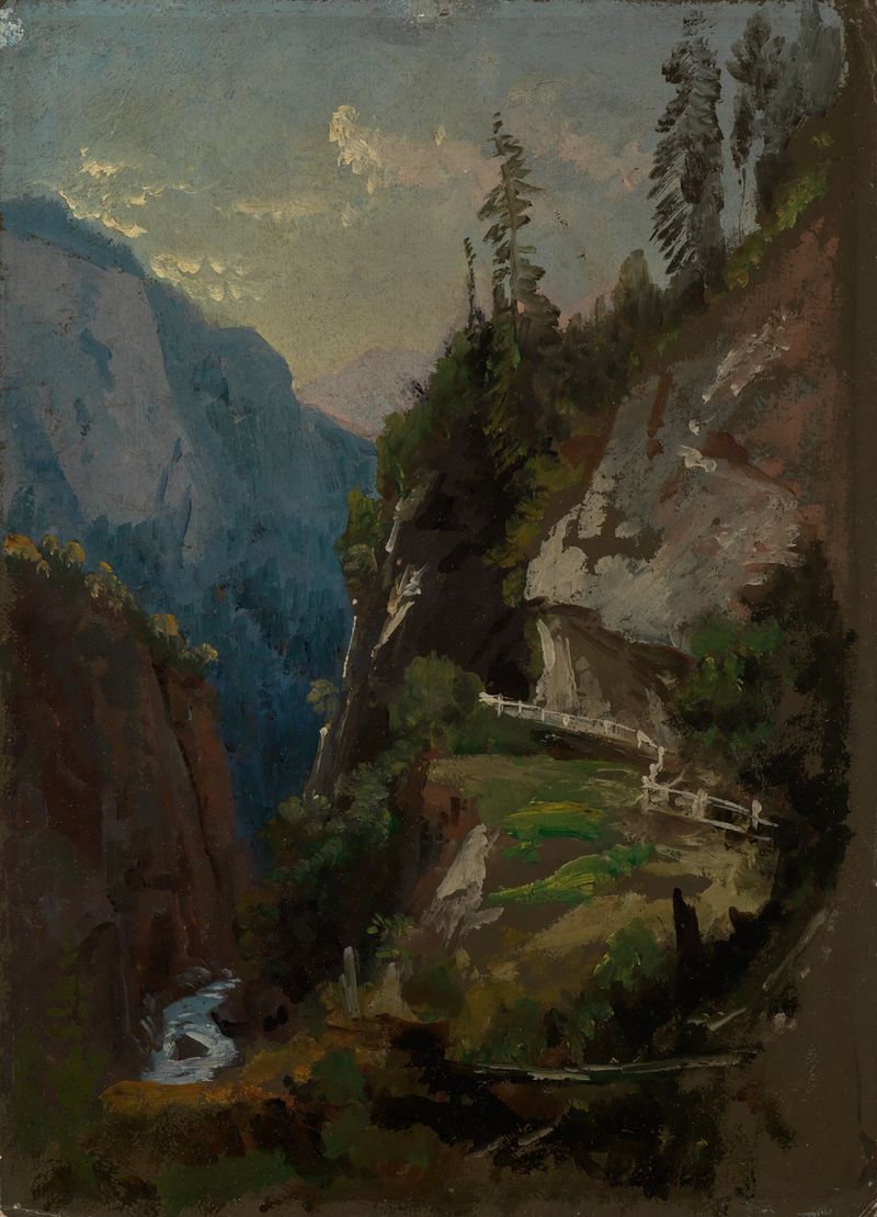 Paisaje etéreo con acantilados y un camino sinuoso, pintura al óleo de Johann Wilhelm Schirmer