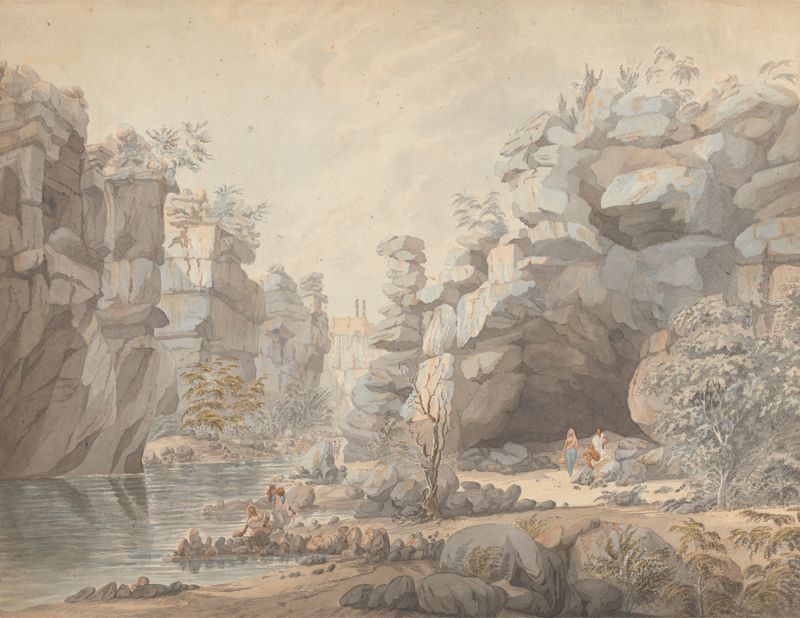 Pintura a óleo de paisagem por Thomas Anburey mostrando colinas suaves e um céu sereno.