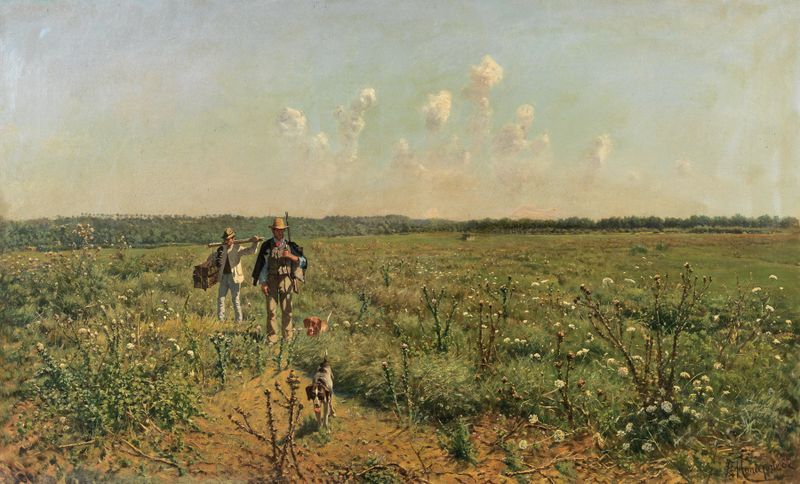 Quail Hunting with Pointing Dogs, óleo sobre lienzo de Eduardo Monteforte, con hombres y perros en un paisaje tranquilo.