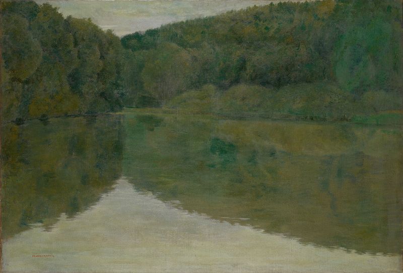 óleo sobre tela de Friedrich König retratando um lago tranquilo com folhagem de outono