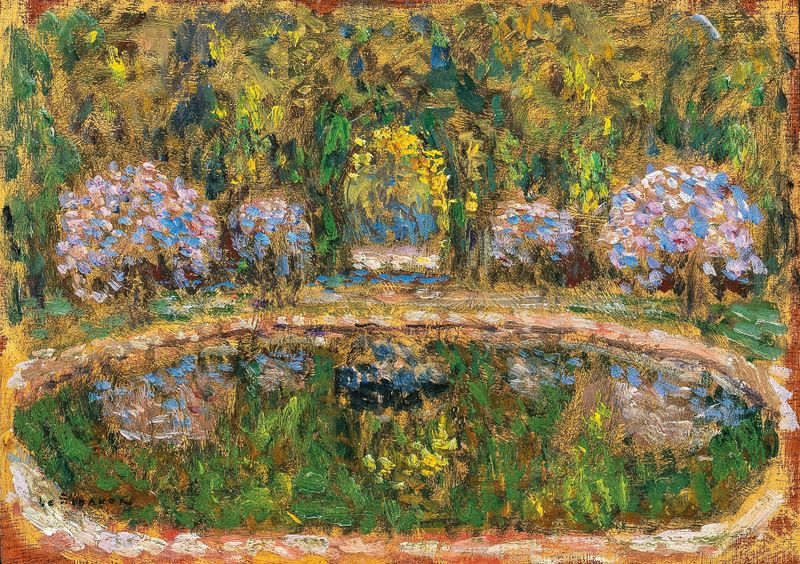 Bassin de Trianon, pintura a óleo de Henri Le Sidaner que retrata um tranquilo lago e vegetação exuberante.