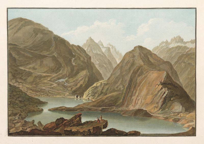 L’Hôpital sur le Grimsel dans le Canton de Berne de Caspar Wolf, óleo sobre tela que retrata uma paisagem de montanha.
