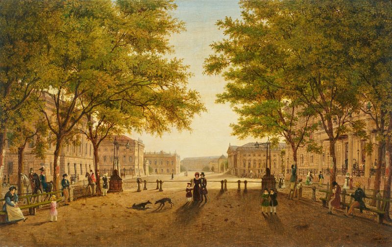 Serene landscape with figures in light and shadow, oil painting by Wilhelm Brücke