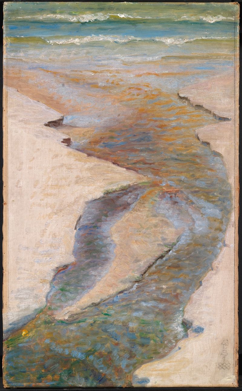 Pintura a óleo impressionista de Suzette Holten retratando um riacho fluente com cores vibrantes.