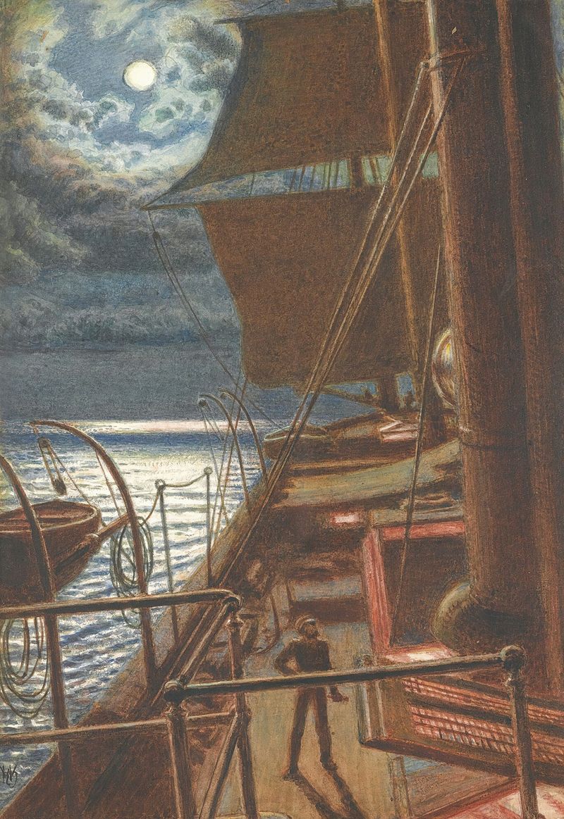 Homeward Bound by William Holman Hunt, oil on canvas depicting a river with a solitary figure.
