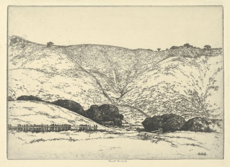 Redwood Fence de Ernest Haskell, paisagem impressionista com rica textura de madeira e luz dourada quente