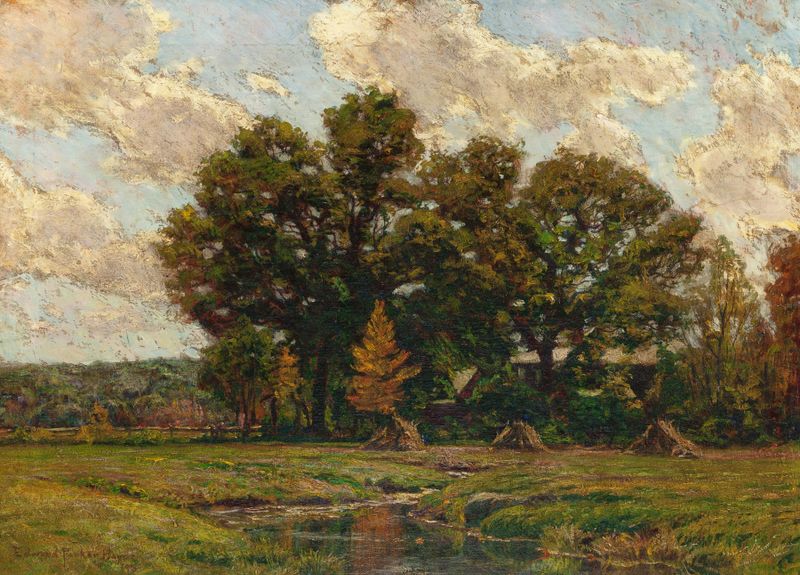 Autumn Landscape de Edward Parker Hayden, óleo sobre lienzo que representa un paisaje sereno con árboles y colores suaves.