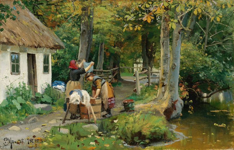 Washing Day de Peder Mørk Mønsted, óleo sobre lienzo, mujeres lavando